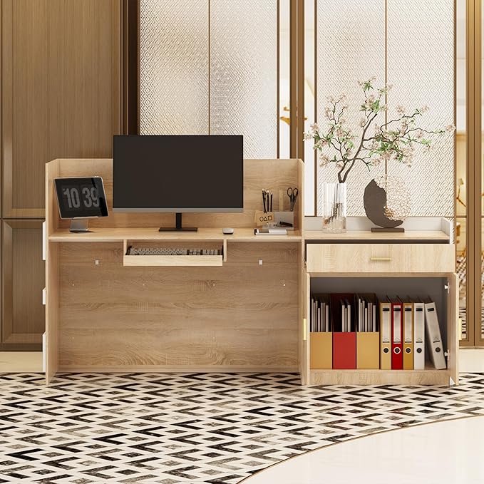 ECACAD Oak & White Reception Desk with Keyboard Tray, Retail Counter with Cabinet, Checkout Counter Table for Office Clinic Retail Lobby Salon-DeskLoop Office