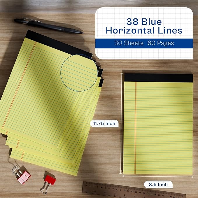 Legal Pads 8.5 x 11 College Ruled 4 Pack Yellow Note Pads 8.5 x 11 Notepads 30 Sheets Perforated Notepad Writing Pads 21lb Paper Legal Pad Ruled Paper Pad with Sturdy Back for School, Home, Office