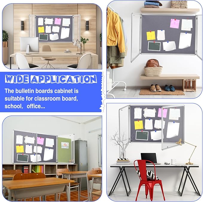 2 Pack Enclosed Bulletin Board 48"x36" Weather Resistant Lockable Enclosed Notice Cork Case Display Board Wall Mounted 2 Locking Door Aluminum Frame for Back to School Classroom, 12xA4(Gray)-DeskLoop Office