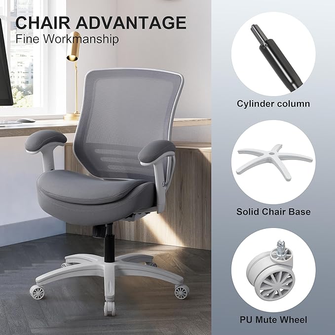 400lbs Double Seat Cushion Office Chair Soft Armrests Executive Ergonomic Computer Desk Chair with Lumbar Support (Grey Frame Grey Fabric)-DeskLoop Office