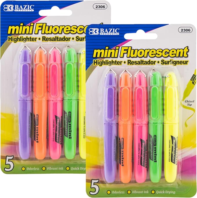 BAZIC PRODUCTS Mini Highlighters, Fluorescent, Chisel Tip, 5 Ct, cap clip by BAZICProducts