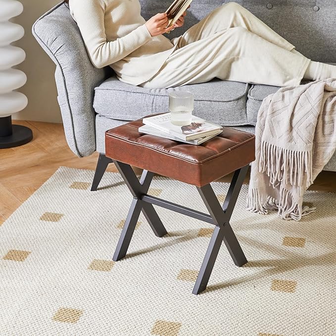 IBUYKE Square Makeup Stool with X-Leg Foot Rest, PU Footrest, Ottoman Seat Vanity Stool, Multi-Use as Small Side Table, for Bedroom, Living Room, Dark Brown LG-71Z-DeskLoop Office