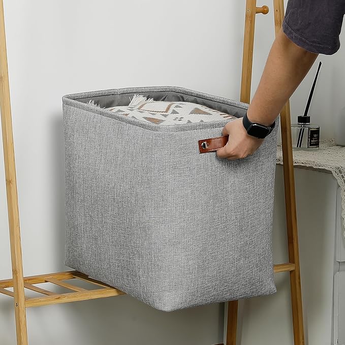 DULLEMELO Large Storage Baskets for Blankets Living Room 51L Canvas Storage Baskets for Organizing 3 Pack Collapsible Baskets Bins for Organizing Home Office with Handles (Grey)-DeskLoop Office