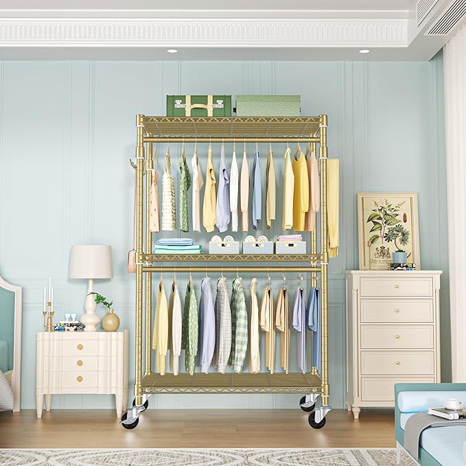 P1 Rolling Clothes Rack, Movable Metal Garment Closet Organizer with Lockable Wheels, Clothing Wardrobe with Double Hanger Rods and Hooks, 35.4" W x 15.7" D x 80.5" H, Load 450lbs, Gold-DeskLoop Office