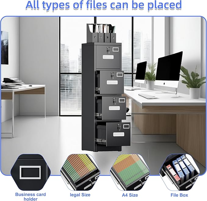 4 Drawer File Cabinet, Metal Vertical Filing Cabinet with 4 Lock,Office Home File Cabinet with Name Card Holder for A4 Letter/Legal Size, 14.96" W x 17.72" D x 55.2" H, Assembly Required(Black)-DeskLoop Office