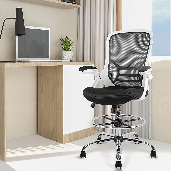 HYLONE Drafting Chair, Tall Office Chair Mesh Standing Desk Stool with Adjustable Foot Ring, Flip-Up Arms, White & Black-DeskLoop Office