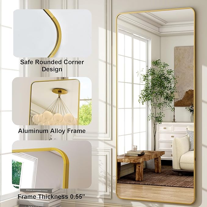 HARRITPURE 71x32 inch Rounded Full Length Mirror Aluminum Frame Gold Mirror Full Length Floor Mirror with Stand for Living Room Bedroom Cloakroom-DeskLoop Office