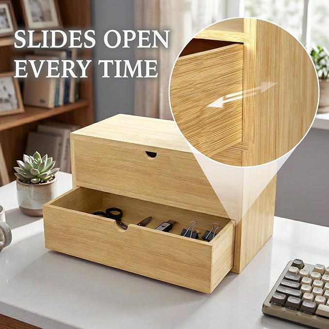 Bamboo Desk Organizer with 2 Drawers, Desktop Drawers Wooden Storage Box 13.4 x - Image 4
