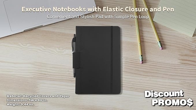 DISCOUNT PROMOS 10 Executive Notebooks with Pen Pack - 6 x 8.5 inches, Recycled, Pen Loop, Closure Strap - Black-DeskLoop Office