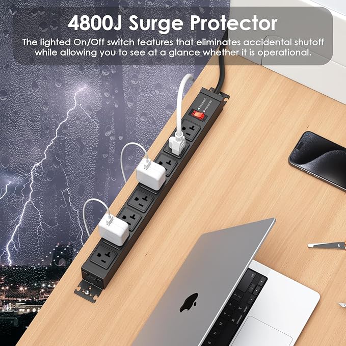JUNNUJ 20 Amp Power Strip Heavy Duty 2 Pack, 4800J Surge Protector Metal Power Bar Multi Angle Mount, 20A Garage 8 Outlet Shop 6-20R T-Slot, 5-15P Adapter 12 Gauge Extension Cord 10ft for Appliance-DeskLoop Office