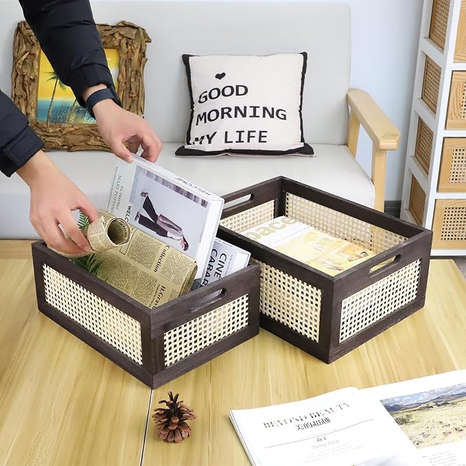 Desktop Storage Basket, Sundry Office Drawer Storage Box, Wood Frame Storage - Image 7