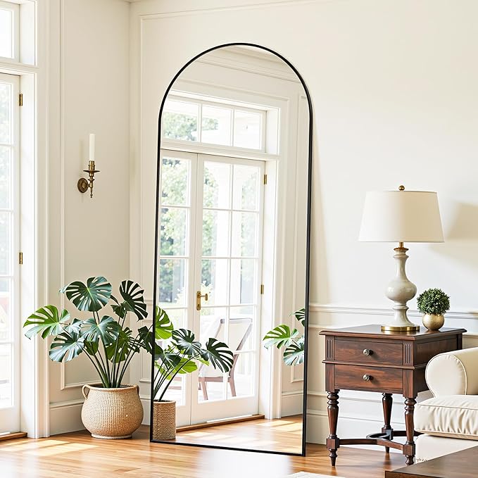 Full Length Mirror, 58"x18" Oversized Floor Mirrors Freestanding, Full Body Mirror Floor Standing Mirrors with Stand, Hanging Mounted Mirrors for Bedroom Living Room, Black, Arched Style-DeskLoop Office