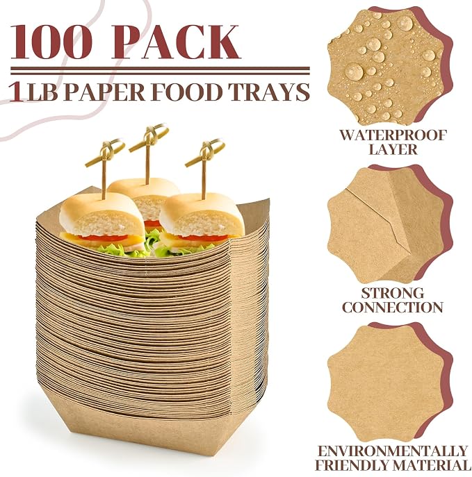 Ocmoiy 1lb Paper Food Trays, 100 Pack Heavy Duty Kraft Food Boats Holders - Image 3