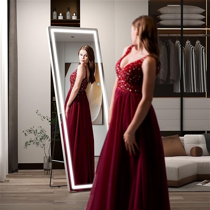 Hasipu Full Length Mirror with Lights, 61" x 22" LED Floor Mirror, Full Body Dressing Standing, Hanging Mounted Mirror for Living Room Bedroom Cloakroom, Round White-DeskLoop Office
