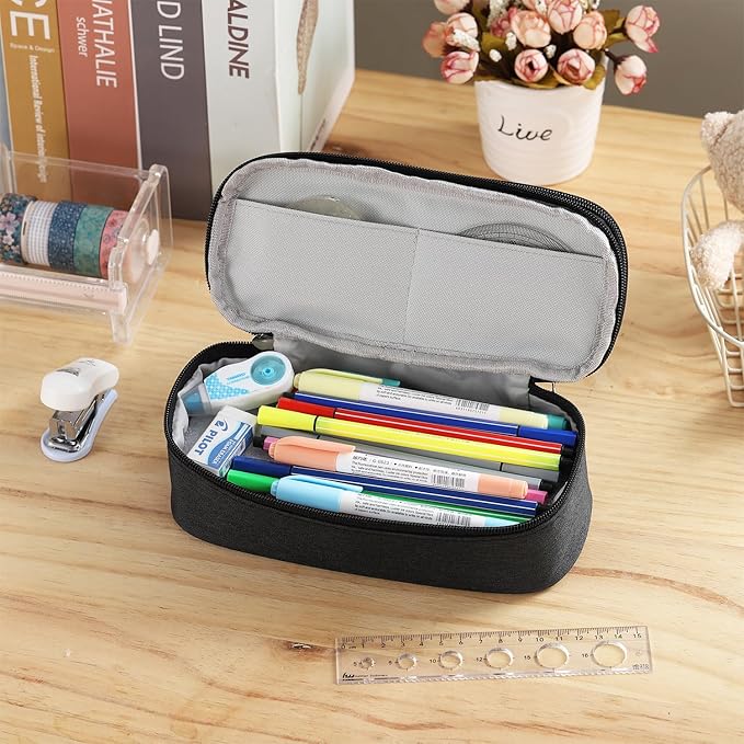 Dugio Large Pencil Case for Boys Teens Kids Pencil Bag with Zipper Pencil Pouch Aesthetic Pencil Pen Case Organizer for School Black-DeskLoop Office
