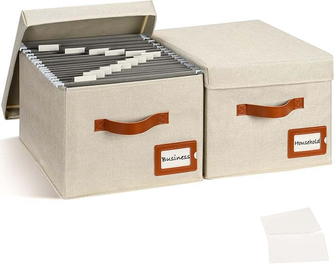 Storage Standard 2-Pack File Organizer Box with Lid - Collapsible Hanging Linen Document Organizer Portable File Boxes, Lightweight & Portable Filing Box Crates with Handles & Extras, Ivory-DeskLoop Office