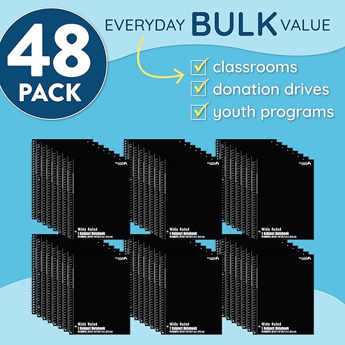 Blue Summit Black Wide Ruled Spiral Notebooks Bulk, 1 Subject Spiral Notebook Wide Ruled, Paper School Bulk Notebooks, 48 Pack-DeskLoop Office