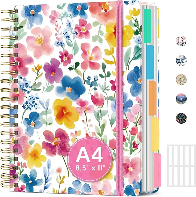 Large Lined Spiral Journal for Women Cute Hardcover 5 Subject Notebook for Work by Taja