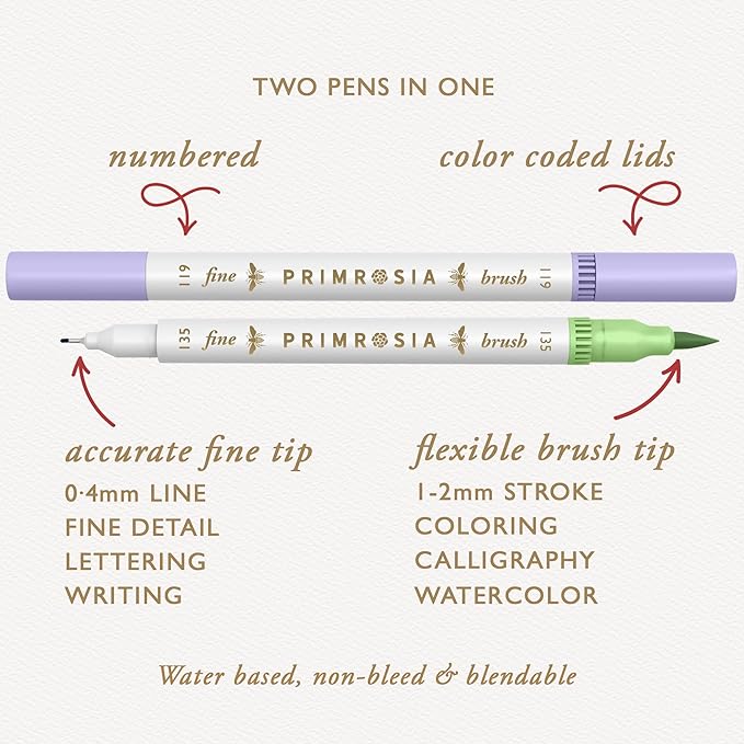 Primrosia 12 Dual Tip Watercolor Marker Pens - Fine Tip & Brush Tips, Professional Quality, 4 x Sticker Sheets, Blendable, Non-Toxic, Perfect for Calligraphy, Drawing & Coloring. (Patisserie)-DeskLoop Office