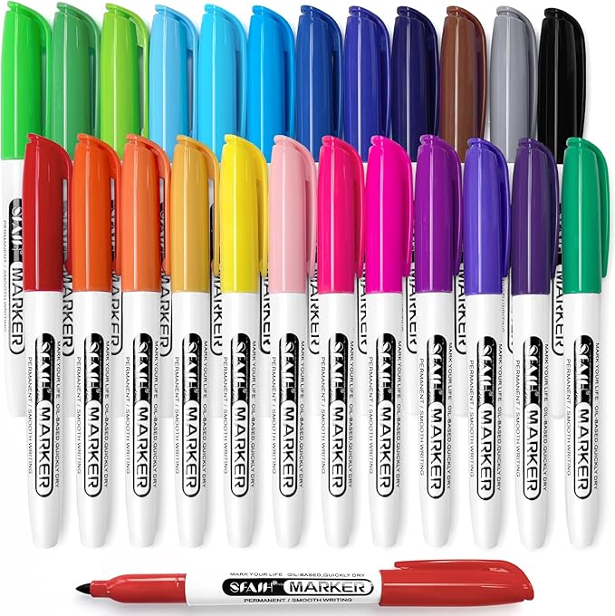 SFAIH 24 Colors Permanent Markers - Assorted Vibrant Colors, Quick Drying, Fade Resistant, Alcohol-Based Fine Point Permanent Markers for Paper, Plastic, Wood, Coloring, Drawing Doodling, Waterproof-DeskLoop Office