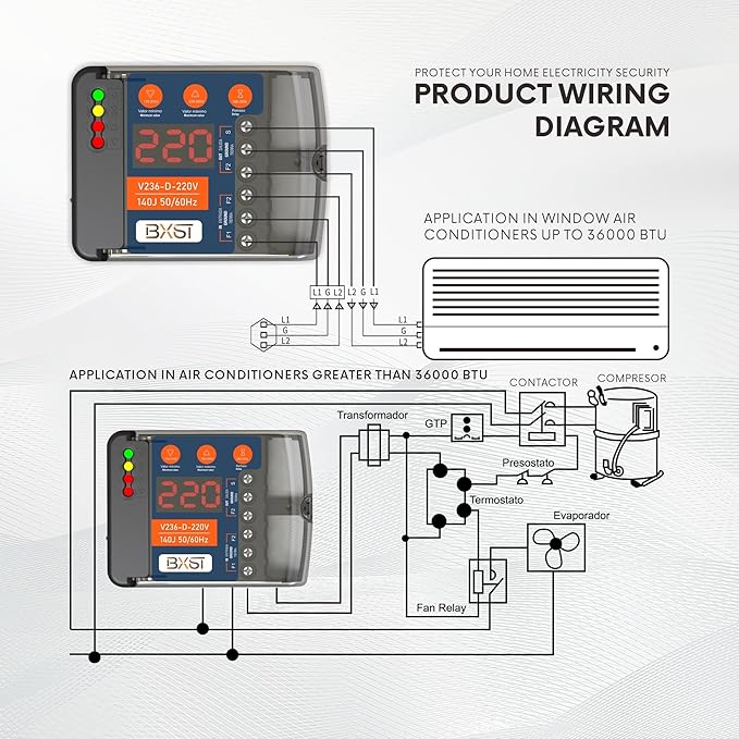 BXST Heavy Duty Wiring Surge Protector with LED Display Adjustable Voltage & Delay Protection, 220V, 30A, 6600W Max, 140J Surge Protection for Refrigerators, Air Conditioning, Motors, Pumps-DeskLoop Office