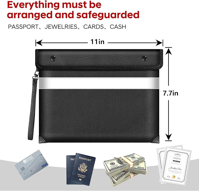 Fire Proof Money Bag for Cash 5200℉ Heat Insulated,Fireproof Waterproof Document Pouches with Double-Sided Reflective Strip,Money Envelopes for Cash,Valuables,Jewelry(11"x7.7",Black)-DeskLoop Office