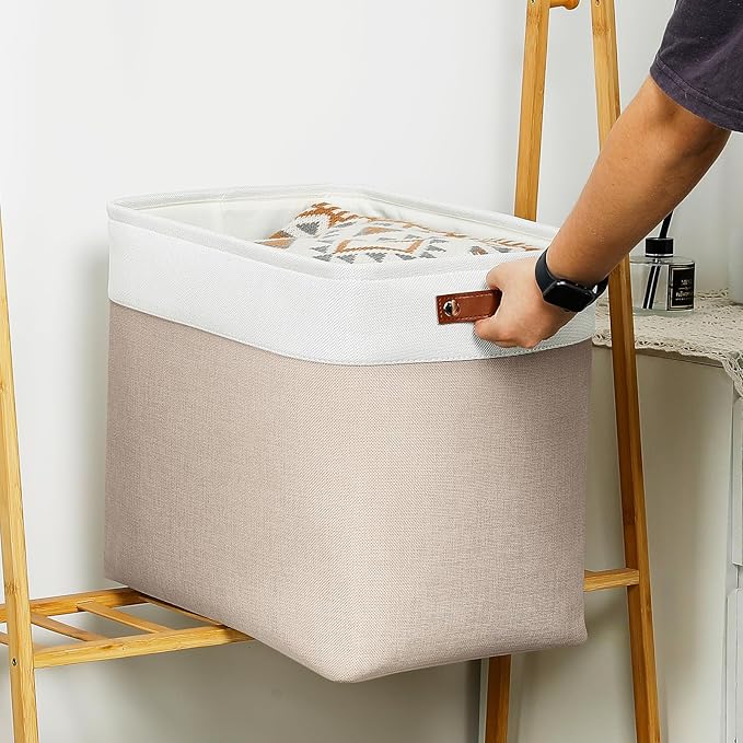 DULLEMELO Large Storage Baskets for Organizing, Canvas Storage Bins Big Baskets With Handles for Shelf Clothes Empty Gift Basket (White&Khaki)-DeskLoop Office