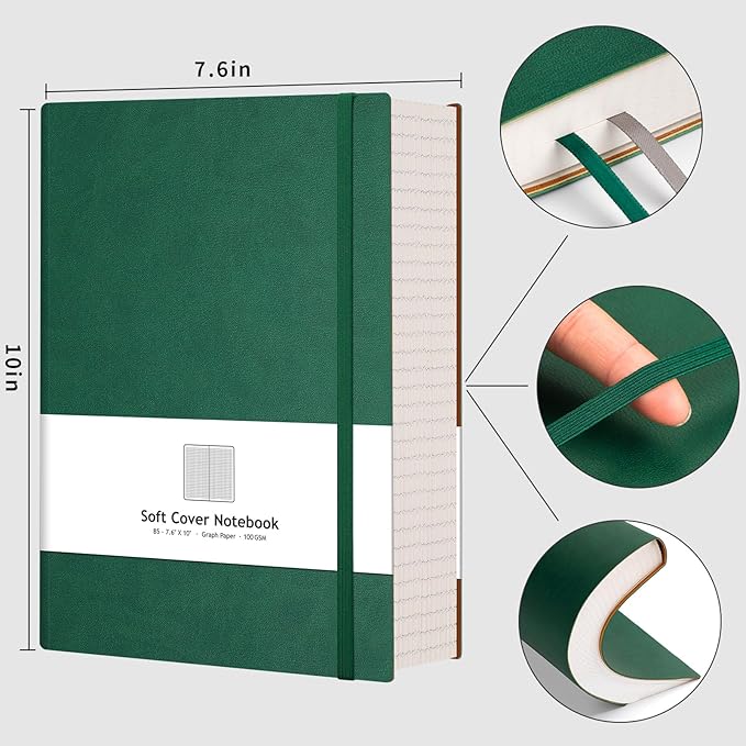 AHGXG Graph Paper Notebook - 320 Pages Grid Paper Notebook Large Journal B5, 100gsm Thick Graph Paper, Leather Softcover, Inner Pocket, 7.6'' X 10''- Green-DeskLoop Office