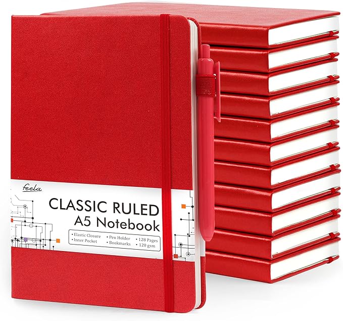 feela 12 Pack Notebooks Journals Bulk with 12 Black Pens, A5 Hardcover Notebook Classic Ruled Journal Set with Pen Holder for School Business Work Travel Writing, 120 GSM, 5.1”x8.3”, Red-DeskLoop Office