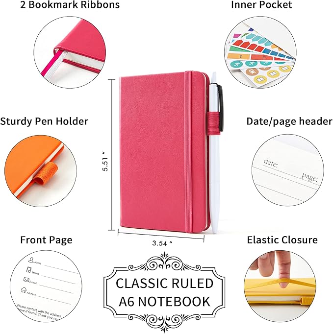 feela Pocket Mini Notebooks Bulk, Small Cute Memo Notepads Hardcover College Ruled Lined Journals with Pen Holder for School Business Work, with 6 Black Pens, 3.5”x 5.5”, 6 Pack, A6, Solid Colors-DeskLoop Office