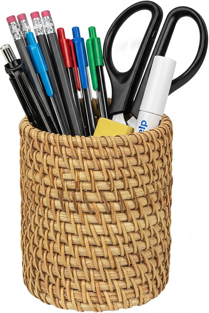 Wicker Rattan Pencil Holder, Cylindrical Desk Organizer Cup, Natural Brown by JANKOW