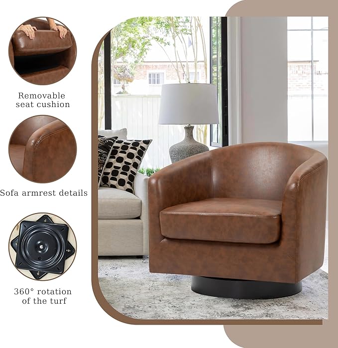 UIXE Faux Leather Swivel Accent Chair with Wood Base, Modern Upholstered Barrel Chairs for Living Room, Comfy Round Armchair Single Sofa Bedroom Reading Seat - 31" W, Coffee-DeskLoop Office