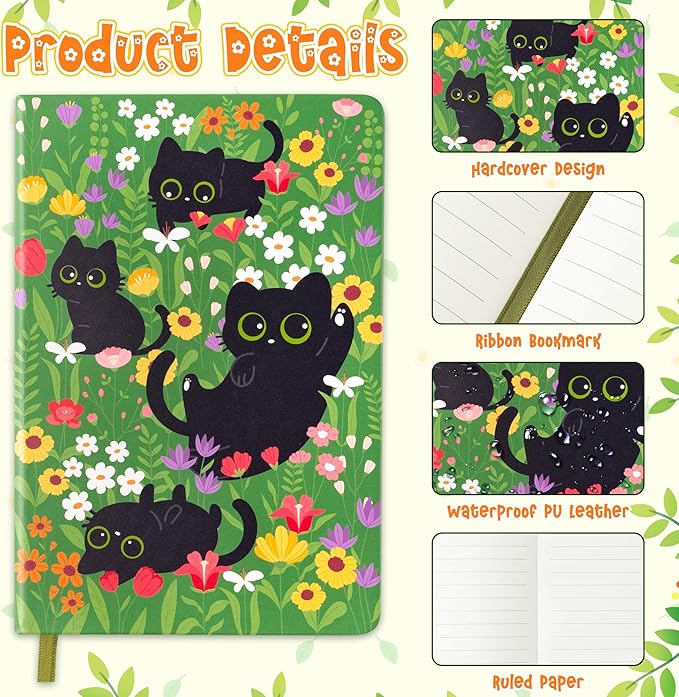 B1ykin Hardcover Ruled Journal Notebook with Planner Stickers, 196 Pages PU Leather Journal Notebook Journals Diary Notepad for Writing Travel Business Work School College Taking (Black Cat Floral)-DeskLoop Office