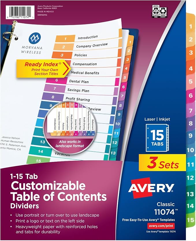 Avery Dividers for 3 Ring Binders, 15 Tabs per Set, Customizable Table by Avery