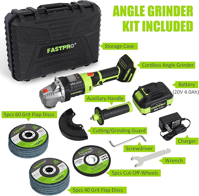 FASTPRO 20V Cordless Angle Grinder, 4-1/2 inch Cut-off Tool with Brushless Motor and 4.0 Ah Battery, Including 10PCS Flap Disc & 5PCS Cutting Wheels-DeskLoop Office