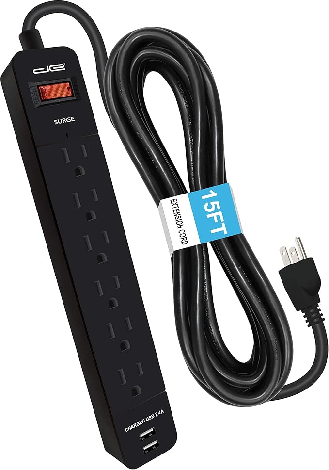 Digital Energy 6-Outlet + 2 USB 1050 Joule Surge Protector Power Strip with 15-Ft Long Extension Cord, Black, UL Listed-DeskLoop Office