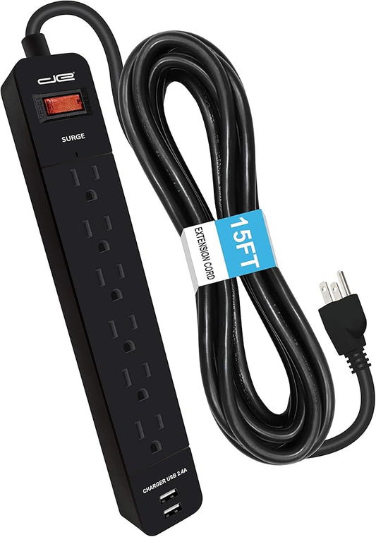 Digital Energy 6-Outlet + 2 USB 1050 Joule Surge Protector Power Strip with 15-Ft Long Extension Cord, Black, UL Listed-DeskLoop Office