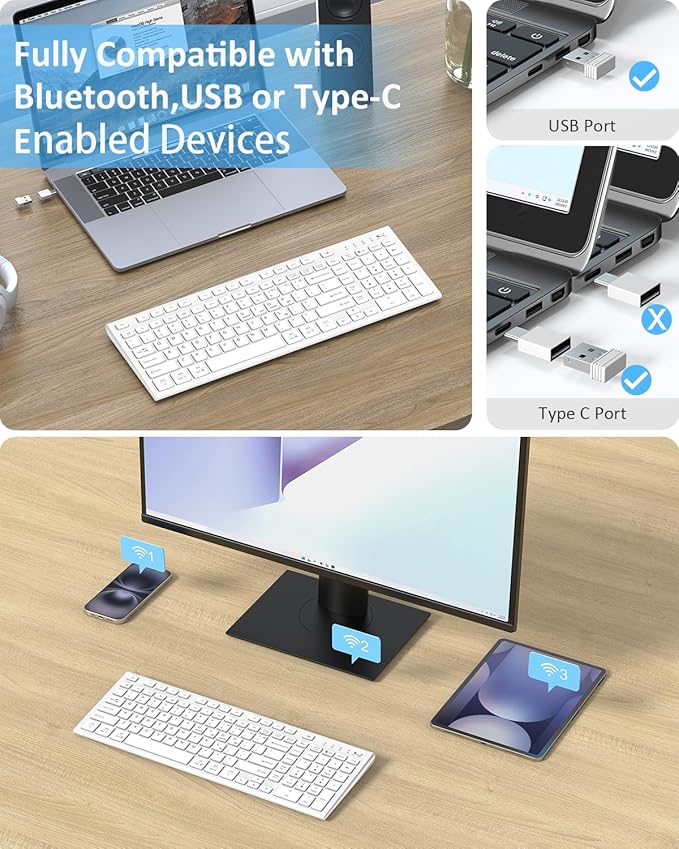 FENIFOX Wireless Keyboard, Bluetooth + USB Ergonomic Silent Quiet Rechargeable with Number Pad Compact Full Size Multi Device Keyboards for iPad Tablet Mac Computer Surface PC MacBook Laptop White-DeskLoop Office