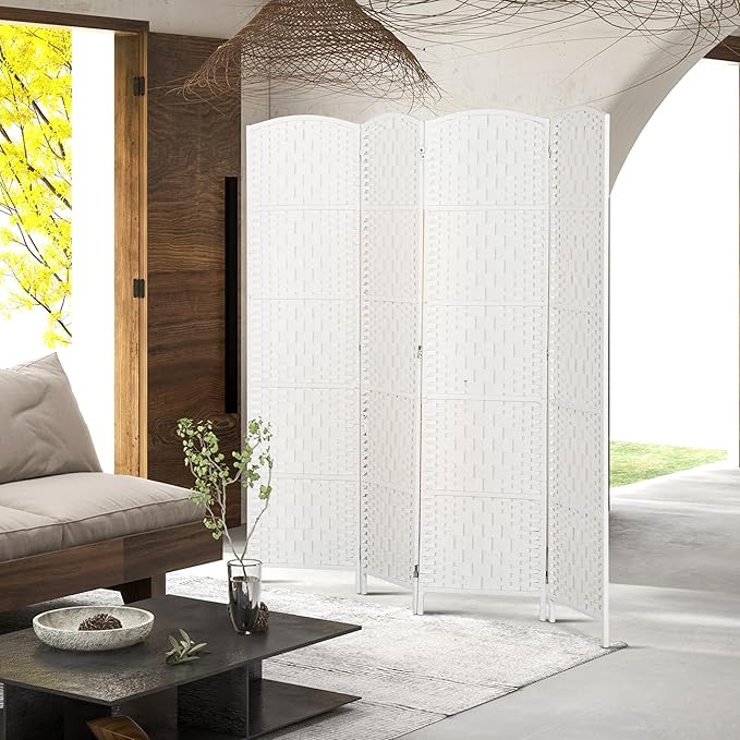 HOMCOM Room Divider, 4 Panel Folding Privacy Screen, 6FT Tall Portable Wicker Weave Partition Wall Divider for Bedroom, Home Office, White-DeskLoop Office