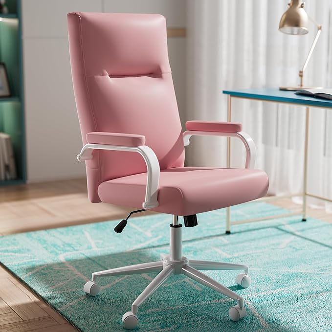 Pink Desk Chair, High Back Leather Executive Office Chair for Girl and Women, Adjustable Height Computer Desk Chairs with Wheels and Arms-DeskLoop Office
