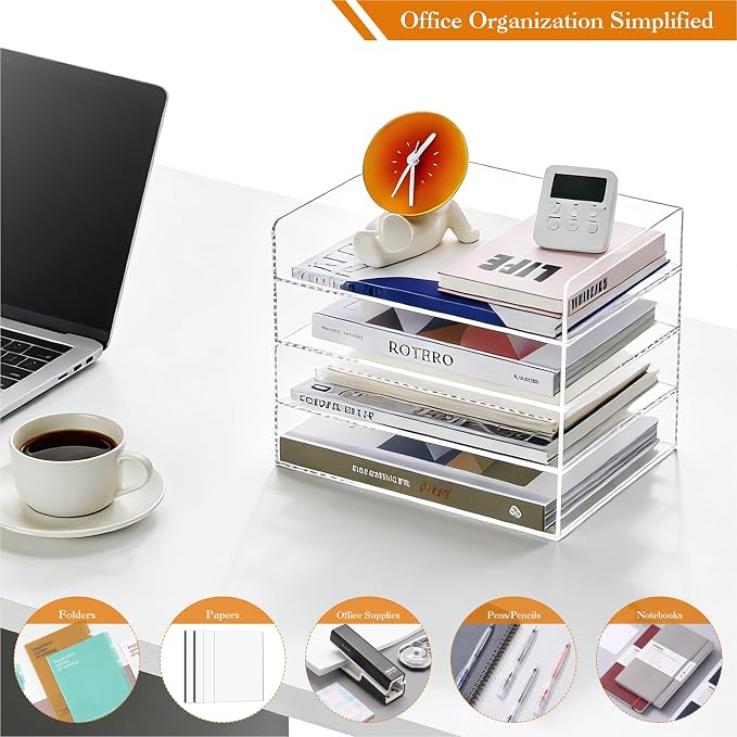 HeZone 4 Tier Paper Organizer for Desk, Acrylic Paper Tray, Office File - Image 7