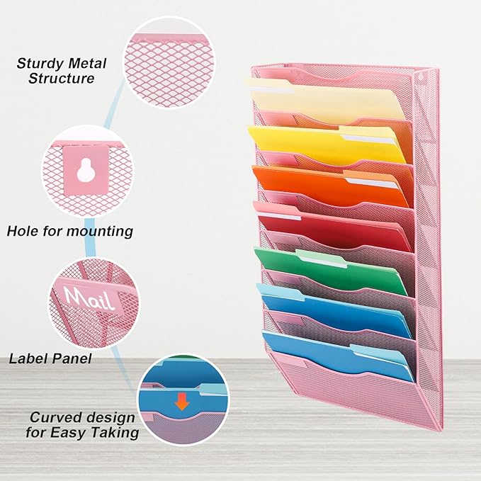 EASEPRES 8 Pocket Mesh Hanging Wall File Organizer, Wall Mounted Mail Paper Document Folder Holder, Clipboard Storage Organization Magazine Rack with Nametag Label for Office Home School, Pink-DeskLoop Office
