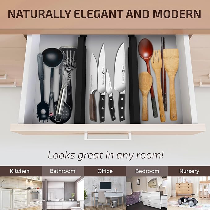 Large Kitchen Drawer Organizer - Expandable Bamboo Drawer Dividers (17" - 21.5") - Adjustable Separators for Kitchen, Clothes, Dresser, Bedroom, Bathroom, and Desk Drawers - 6-Pack (Black)-DeskLoop Office