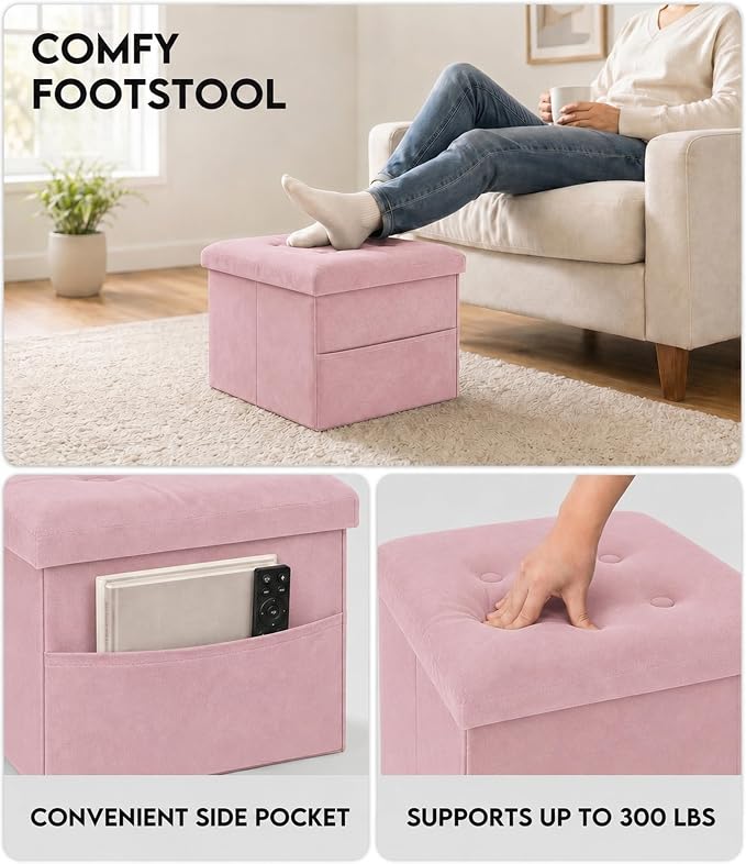 ZOES HOMEWARE Small Storage Ottoman Foot Rest, Velvet Ottoman - Image 3