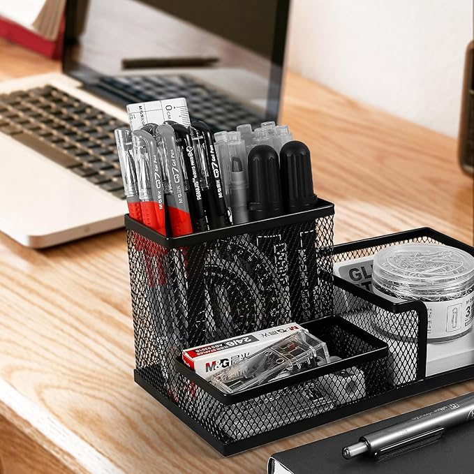 M&G Mesh Pen Holder Desk Organizers Pencil Holder for Desk Black, 3 Compartments Metal Office Supply Organizer with Sticky Notes Holder for School Home Office-DeskLoop Office