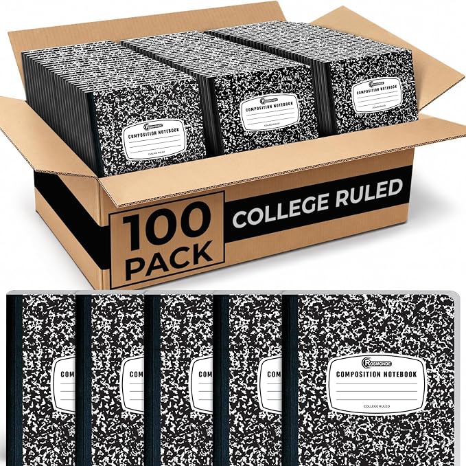 Rosmonde 100 Pack Black Marble Composition Notebooks, College Ruled, 200 Pages by Rosmonde