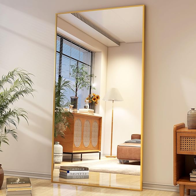 Full Length Mirror with Stand 34"x76" Full Body Mirror Floor Mirror Standing Hanging or Leaning Wall, Wall Mirror with Stand Aluminum Alloy Frame for Living Room Bedroom Cloakroom,Gold-DeskLoop Office