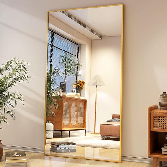 Full Length Mirror with Stand 34"x76" Full Body Mirror Floor Mirror Standing Hanging or Leaning Wall, Wall Mirror with Stand Aluminum Alloy Frame for Living Room Bedroom Cloakroom,Gold-DeskLoop Office