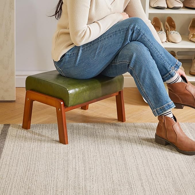 IBUYKE 10.2” H Small Foot Stool Ottoman, Rectangle PU Faux Leather Foot Rest with Padded Seat and Wood Legs, Modern Accent Ottoman Foot Rest for Living Room Bedroom Couch Office, Dark Green WBD013GR-DeskLoop Office