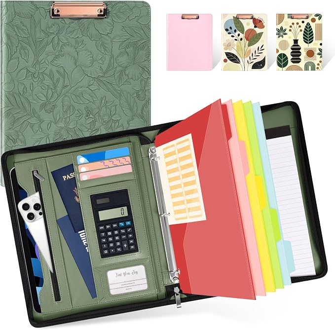 Ospelelf Green Leather Portfolio Binder 3 Ring, Zippered Clipboard Folder by OspelelfOfficeSupplies